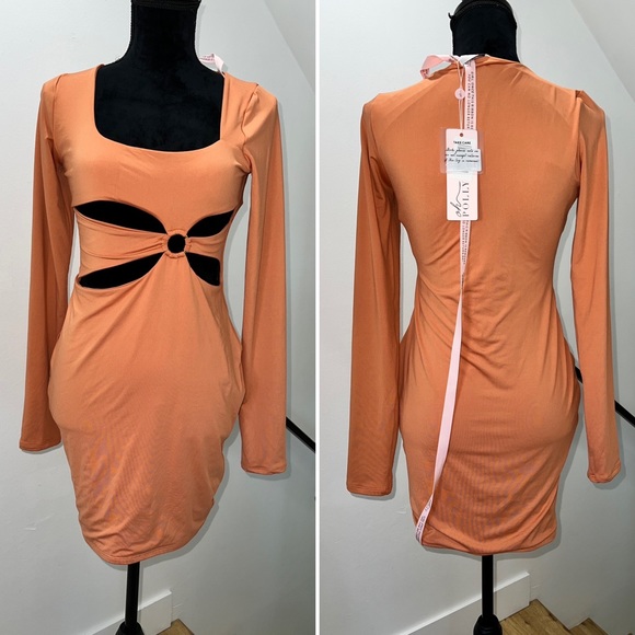 Oh Polly Cut Out Long Sleeve Mini Dress in Caramel - Picture 7 of 13